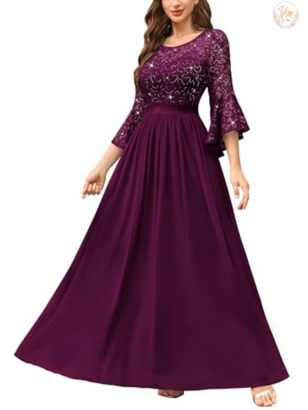 Formal Sequin Lace Bell Sleeve Evening Party Maxi Dress Gown